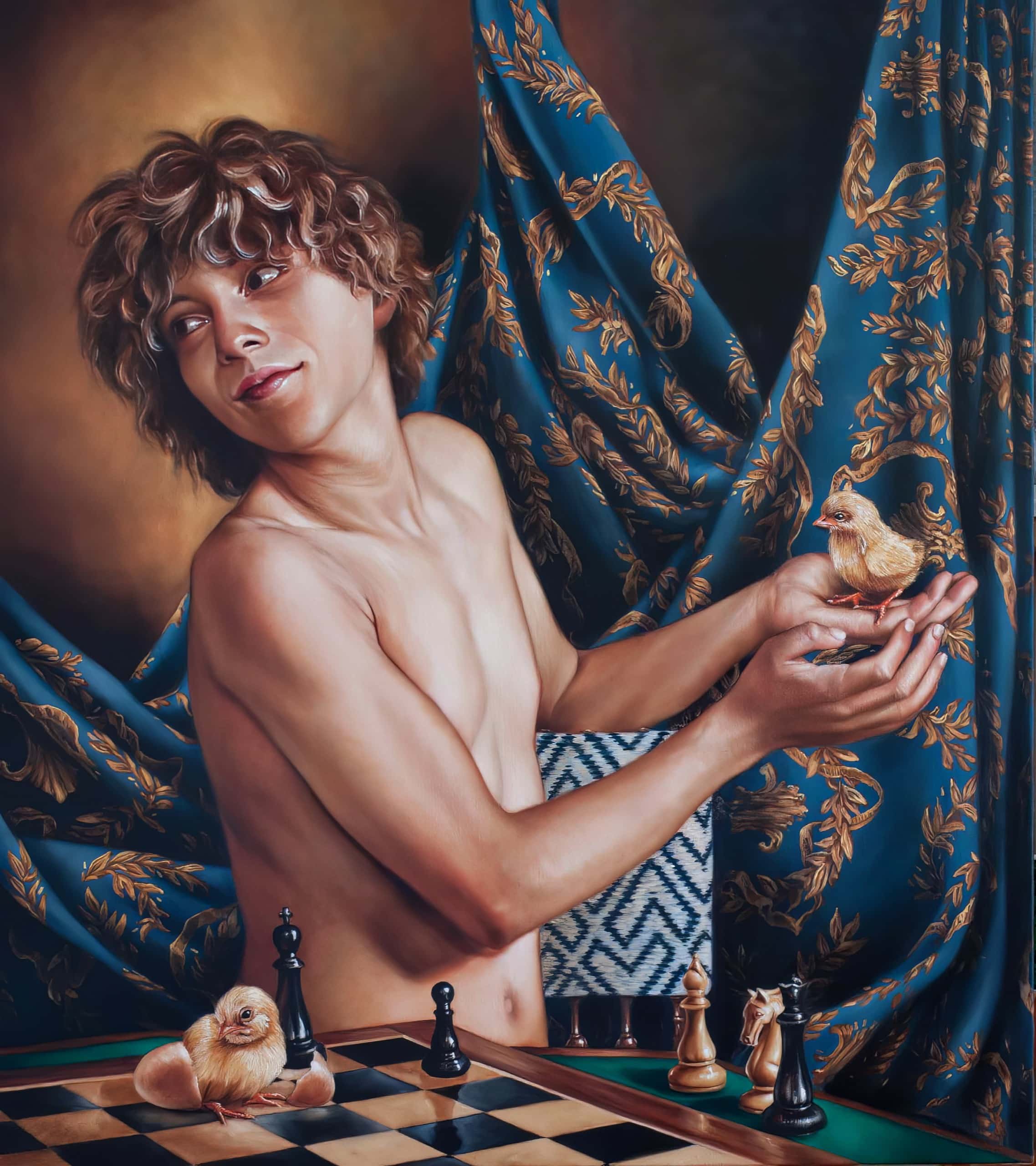 Alexandre et le poussin, huile sur toile, 90x80 cm, 2022