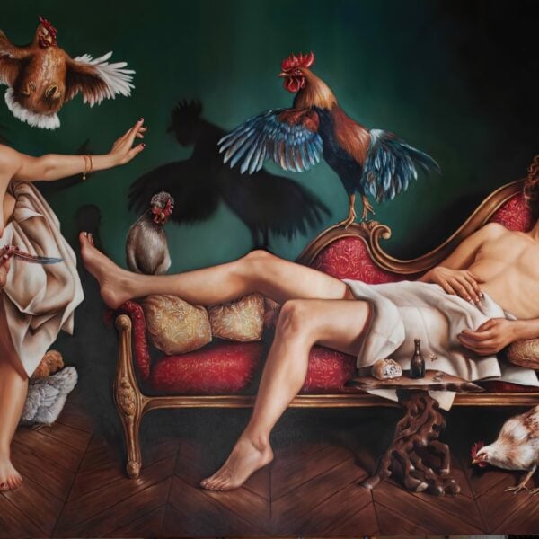 Attaque à la plume, huile sur toile, 150 x 224 cm, 2022