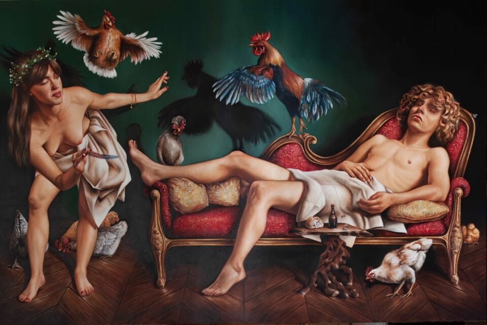 Attaque à la plume, huile sur toile, 150 x 224 cm, 2022