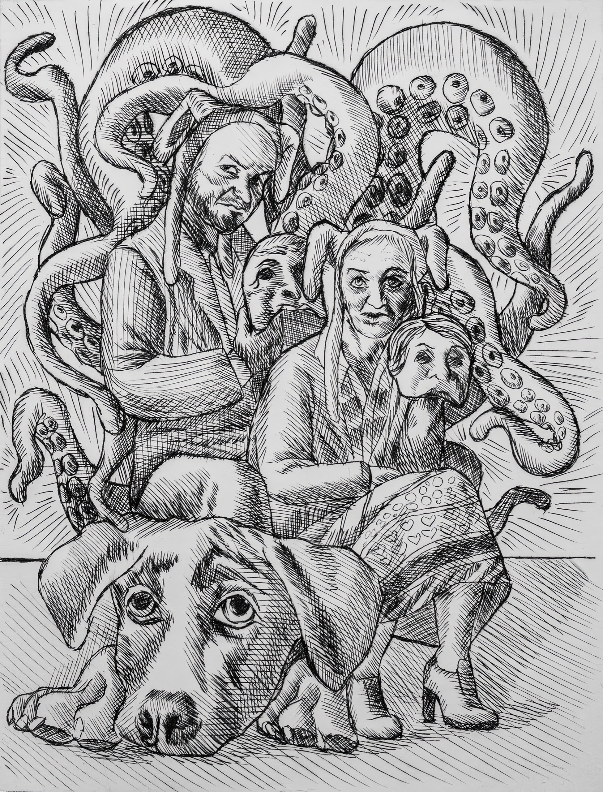 Gentil le chien, gravure sur Rhenalon, 15x20 cm, 2022