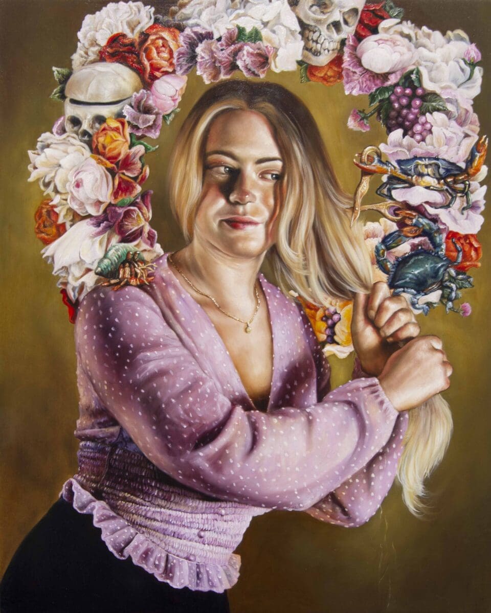 Cassy et les crabes, huile sur bois, 50 x 40 cm, 2024