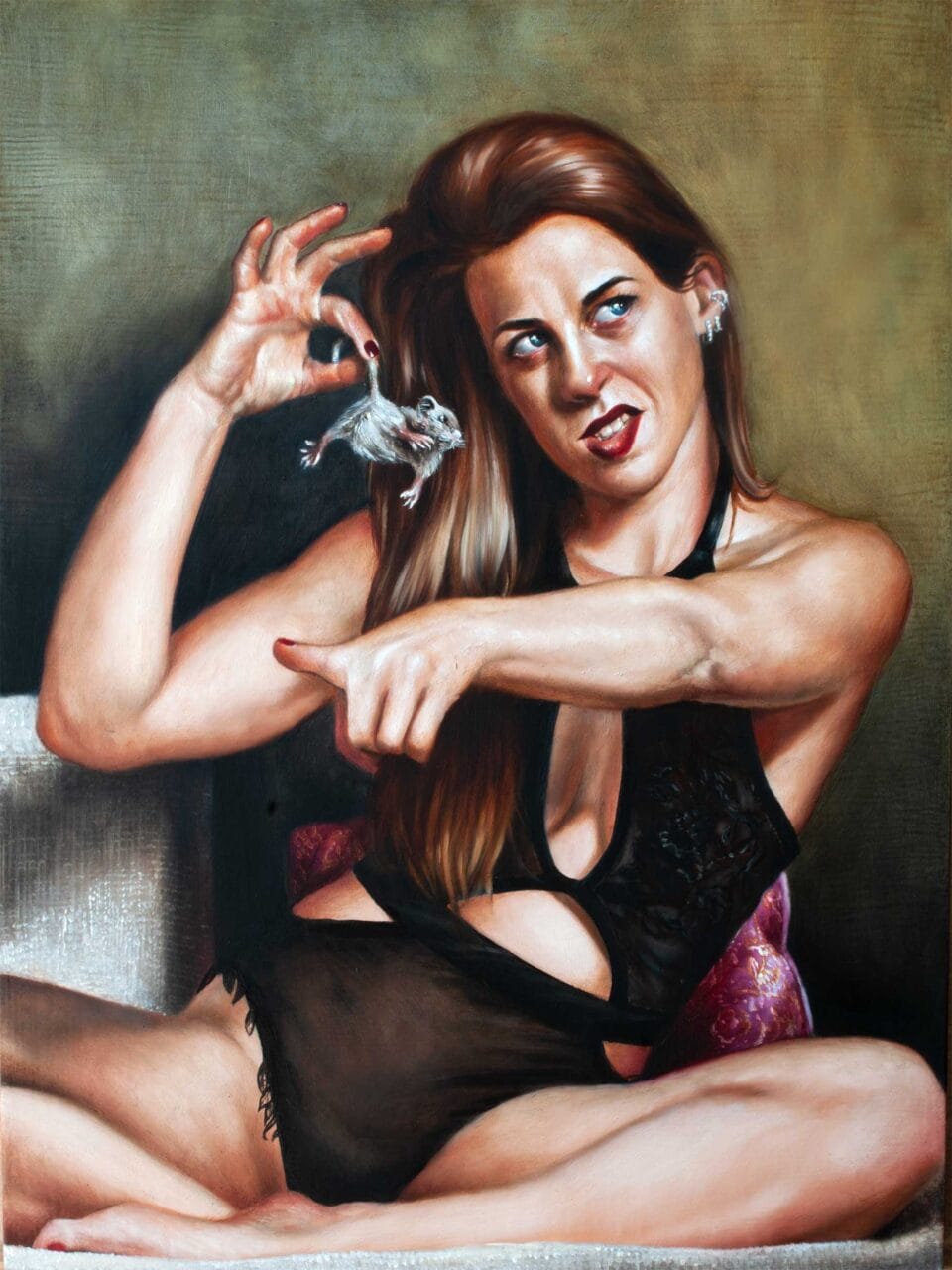 Une souris verte, huile sur bois, 40 x 30 cm, 2023
