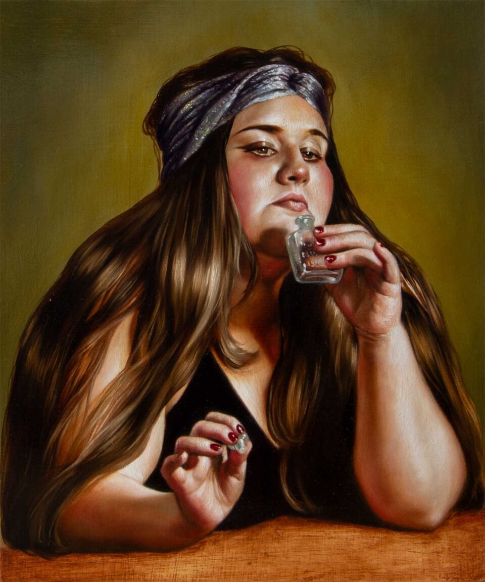 La parfumeuse, huile sur bois, 30 x 25 cm, 2024