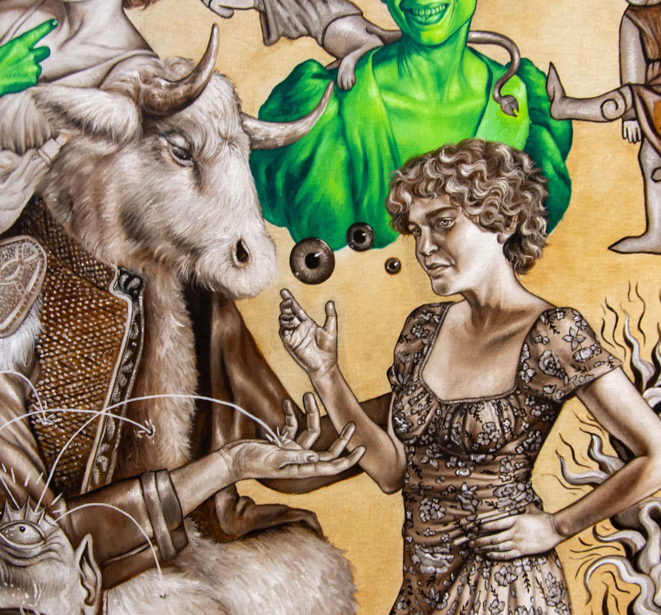 Étrange mariage à Duesme - tempera grassa sur toile, 170 x 170 cm 2025 (détail)